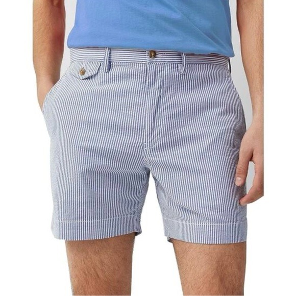 Polo Ralph Lauren Blue White Striped Stretch Classic Fit Seersucker Shorts 46B - Picture 1 of 7